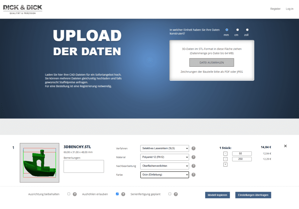 Upload-Tool zur online Preisberechnung von 3D-Druck Preisen